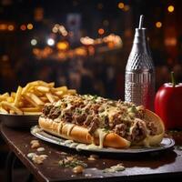 A Philly Cheesesteak Sandwich and Fries on a Wooden Table photo