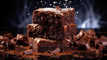Stack of brownies with chocolate sauce and cocoa powder photo