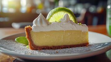 A slice of key lime pie on a plate. photo