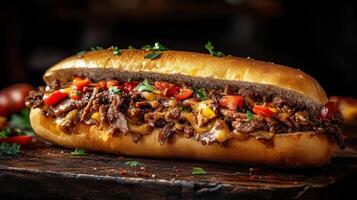 A Cheesesteak Sandwich with peppers and cheese on a hoagie roll photo