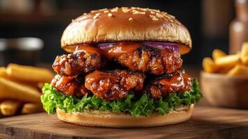 A close-up of a burger with lettuce and onions on a wooden table. photo