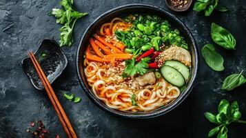 A bowl of noodles with vegetables and chopsticks on a dark background photo