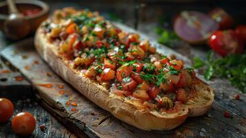 Delicious bruschetta with fresh tomatoes and herbs on a rustic wooden board. photo