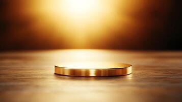 A beautifully illuminated golden coin sits on a polished surface, reflecting warm light and creating an atmosphere of wealth and success photo