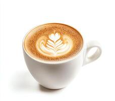 A beautifully crafted cup of coffee with intricate latte art on top, showcasing the skill of a barista. Perfect for coffee lovers and enthusiasts looking to indulge. photo