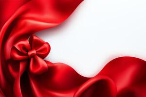 A beautifully draped red satin ribbon with a bow, creating an elegant and festive backdrop. Perfect for celebrations, gift wrapping, or adding a touch of luxury to any occasion. photo