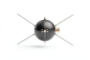 A 3D rendering of a satellite model showcasing its spherical body and antennae. Ideal for technology and space exploration themes in educational and promotional materials. photo