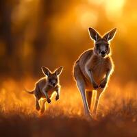 A beautiful sunset scene featuring a mother kangaroo and her joey enjoying the golden light as they run through the grass. This heartwarming moment captures the joy of nature. photo
