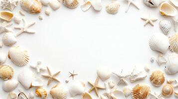 A beautiful arrangement of shells and starfish creates a natural frame for your creative projects. Perfect for summer themes, beach events, and seaside inspirations. photo