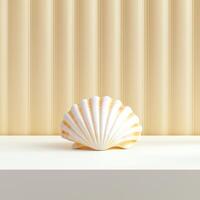 A beautifully crafted seashell on a minimalist shelf against a soft, textured background. This image captures the essence of tranquility and natural beauty in design. photo