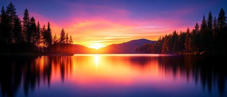 A breathtaking sunset over a serene lake, surrounded by majestic trees and mountains. The vibrant colors reflect beautifully on the water, creating a tranquil and peaceful scene. photo