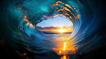 A breathtaking view of sunlight filtering through a massive ocean wave, creating a serene and picturesque scene of nature's beauty with vivid colors reflecting on the water. photo