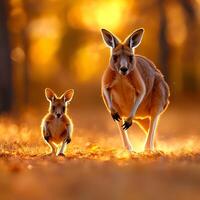 A captivating scene of a kangaroo and its joey gracefully hopping through a golden-hued landscape. The warm colors create a serene atmosphere, showcasing the beauty of wildlife. photo