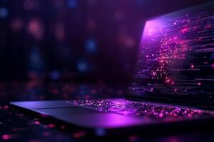 A captivating image of a laptop emitting vibrant purple light and digital patterns, symbolizing innovation and the digital age. Perfect for technology and creative projects. photo