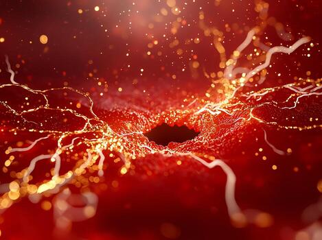 A captivating abstract depiction of energy and movement, showcasing vibrant red tones and intricate patterns resembling electrical activity photo