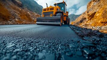 A bulldozer is driving on a road photo