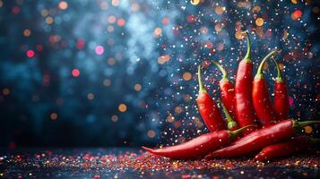 Red hot chili peppers on a dark background with bokeh effect photo