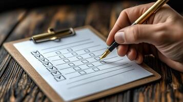 Hand writing on a clipboard with a pen photo