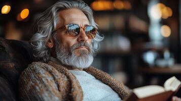 A man with a beard and glasses is reading a book photo