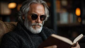 An older man with a beard and sunglasses reading a book photo