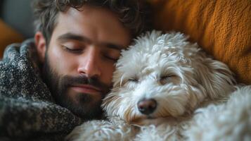A man with a beard and a dog sleeping together photo
