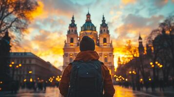 A man with a backpack standing in front of a church at sunset photo
