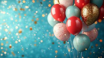 Many balloons are in the air with gold and silver confetti photo