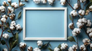 Cotton flowers and frame on blue background photo