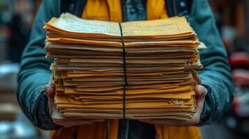 A person holds a stack of documents photo