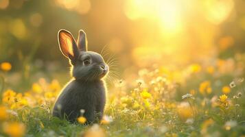 Cute black bunny sitting in grass with ears up photo