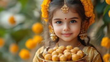 Cute indian little girl child in traditional attire holding laddoo plate photo
