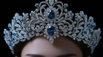 The woman's face is covered with a diamond tiara photo