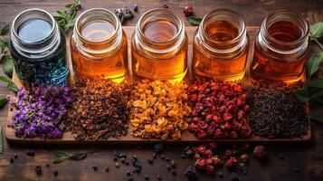 Various types of herbs and spices in jars photo
