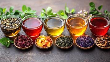 Various types of tea in cups photo