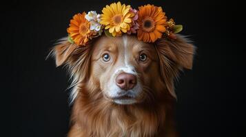 A dog wearing a flower crown on its head photo