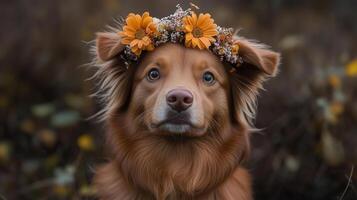 A dog wearing a flower crown in the fall photo