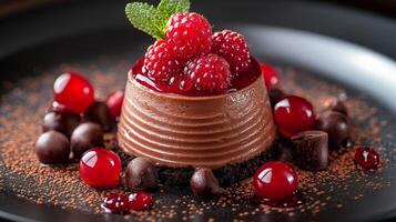 A dessert with chocolate and raspberries on a black plate photo