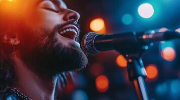 Close-up beautiful man singing into a microphone on stage photo