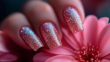 A woman's hand holding a pink flower with glitter on it photo