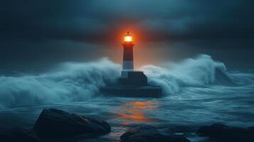 Dramatic lighthouse amidst stormy ocean and dark clouds photo