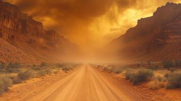 A dirt road in the desert with a cloudy sky photo