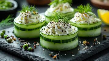 Cucumber slices with cream and herbs on a black slate photo