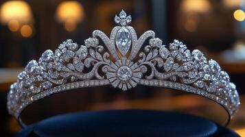 The tiara is made of diamonds and has a large diamond on top photo