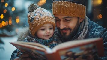 Dad reads stories to his two daughters at Christmas evening photo