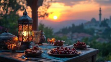 A table with food and a lantern on it photo