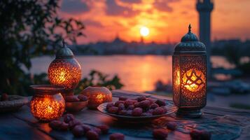A table with a lantern and some fruit on it photo