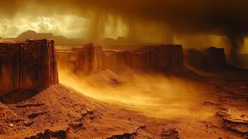 A desert landscape with a storm coming in photo