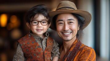 Happy smiling asian family with their little son photo