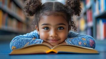 A little girl laying on the floor in front of a book photo