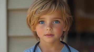 A young boy with blue eyes and a stethoscope photo